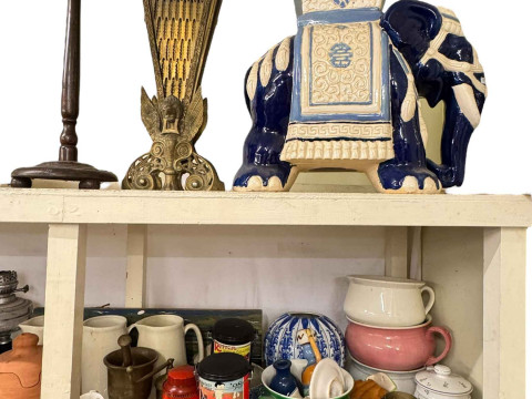 Large collection of decorative pottery, metalwares, elephant table, oil lamp, drawers, etc. thumbnail