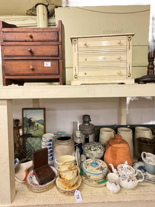 Large collection of decorative pottery, metalwares, elephant table, oil lamp, drawers, etc.