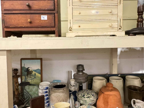 Large collection of decorative pottery, metalwares, elephant table, oil lamp, drawers, etc. thumbnail