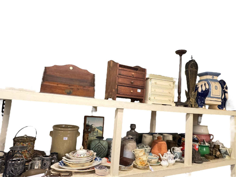 Large collection of decorative pottery, metalwares, elephant table, oil lamp, drawers, etc.
