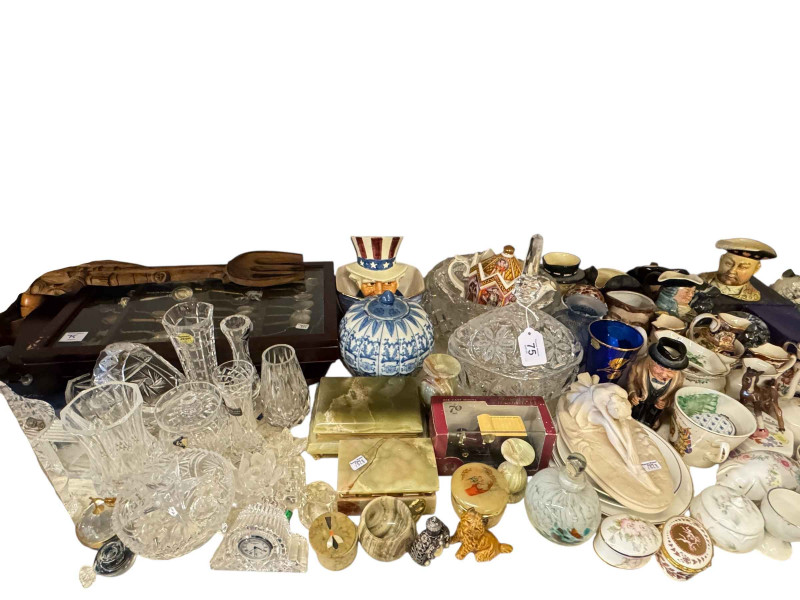 Waterford clock, Betty Boop figures, carved wood wares, toby jugs, paperweights, thimbles, souvenir spoons, etc.