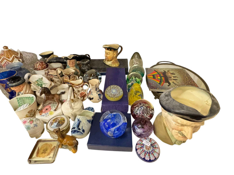 Waterford clock, Betty Boop figures, carved wood wares, toby jugs, paperweights, thimbles, souvenir spoons, etc.