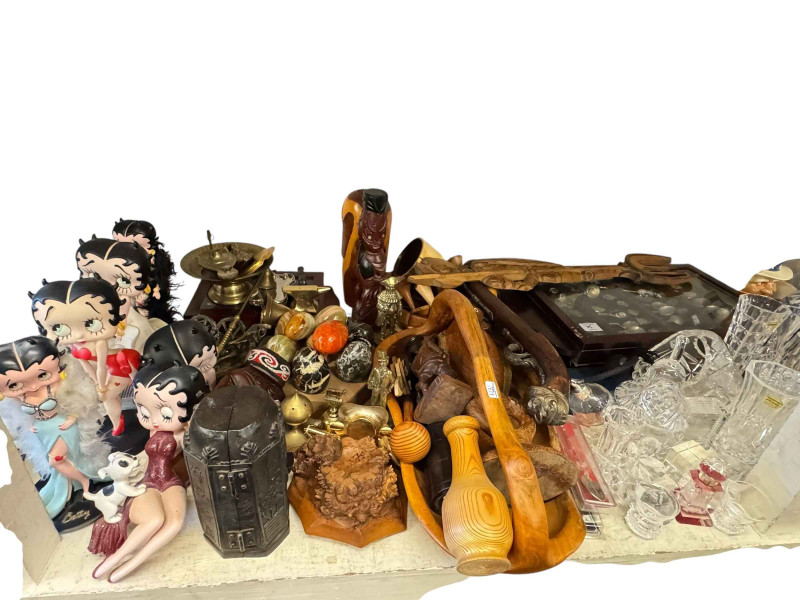 Waterford clock, Betty Boop figures, carved wood wares, toby jugs, paperweights, thimbles, souvenir spoons, etc.