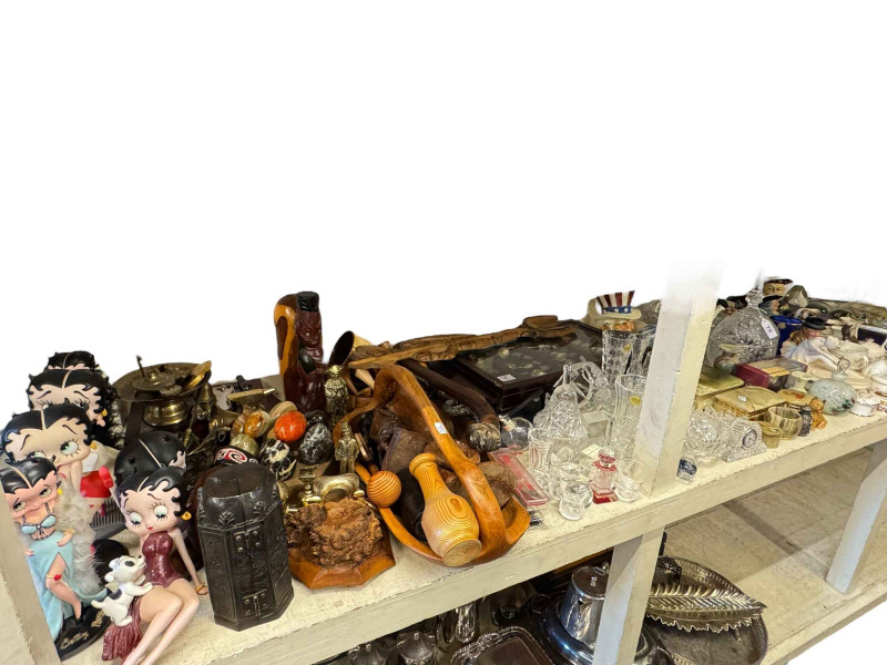 Waterford clock, Betty Boop figures, carved wood wares, toby jugs, paperweights, thimbles, souvenir spoons, etc.