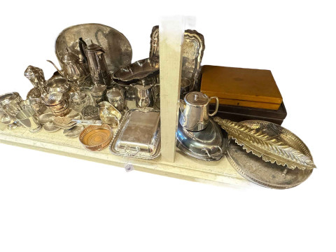 Collection of silver plated wares including teapots, tankards, etc.