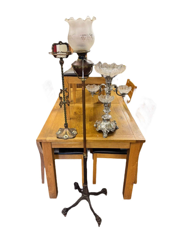Victorian cast iron and copper telescopic oil lamp, silver plate and glass centre piece and an iron smokers stand.