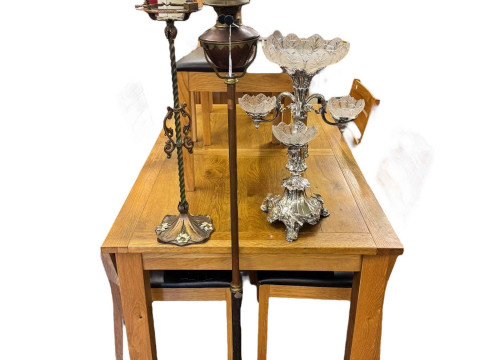 Victorian cast iron and copper telescopic oil lamp, silver plate and glass...