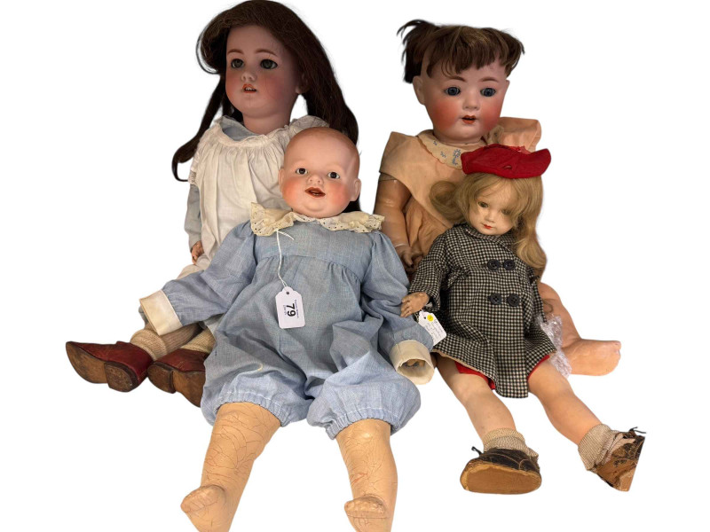 Two bisque head 19th Century dolls marked D.E.P. and Heubach Koppelsdorf, Georgene Averill Baby doll and Effanbee composition doll.