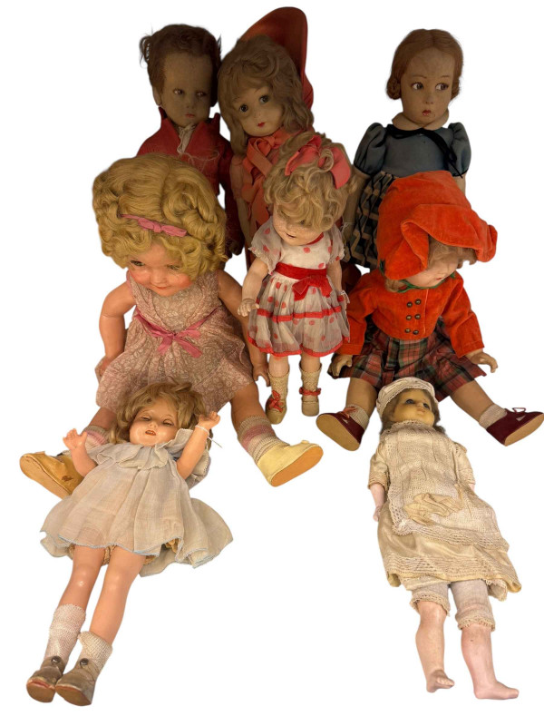 Three Shirley Temple dolls, felt dolls and wax head doll.