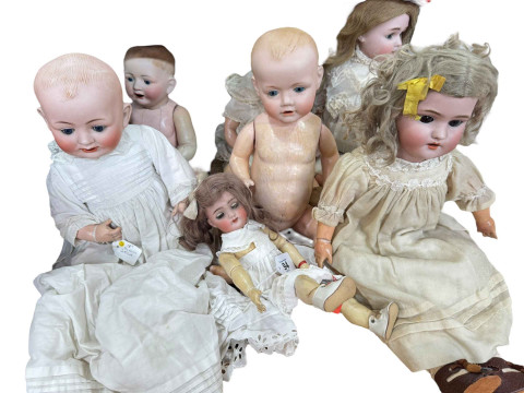 Six antique bisque head dolls, Franz Schmidt x 2, Simon & Halbig x 3,...