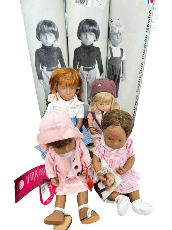 Four Sasha dolls, Babette, Elke, Iona and Christa, with tubes.