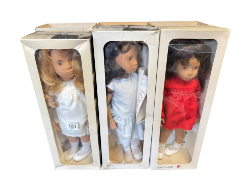 Three Sasha dolls, Brunette in red dress, Honey Blonde hair silk dress...