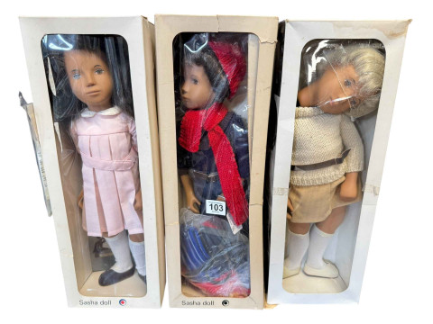 Three Sasha dolls, Brunette in pink dress, Gregor Dark Denhams and Blonde...