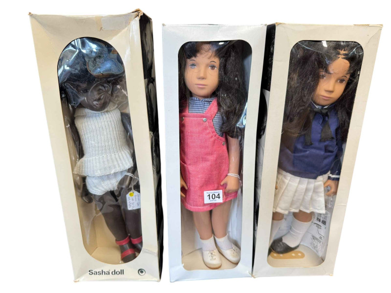 Three Sasha dolls including Cora, Brunette Red Pinafore and Brunette Marina, all boxed.