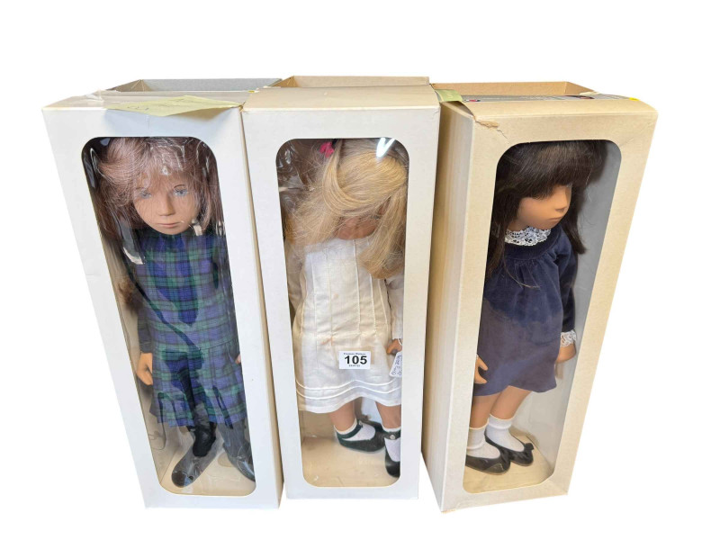 Three Sasha dolls, Kiltie, Fair Hair Pintucks and Light Brown Hair Velvet, all boxed.