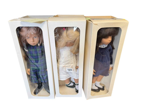Three Sasha dolls, Kiltie, Fair Hair Pintucks and Light Brown Hair Velvet,...