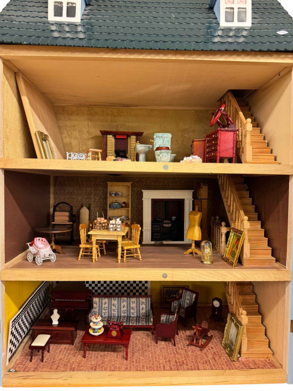 Three storey town house style dolls house from The Davey Collection, together with assorted furniture and fittings.