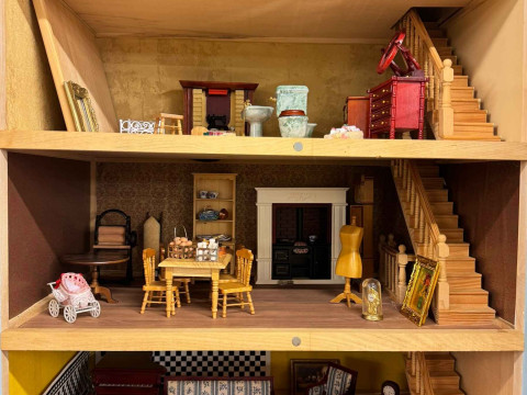 Three storey town house style dolls house from The Davey Collection, together with assorted furniture and fittings. thumbnail