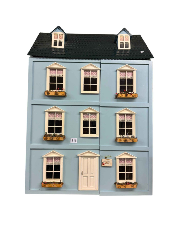 Three storey town house style dolls house from The Davey Collection, together with assorted furniture and fittings.