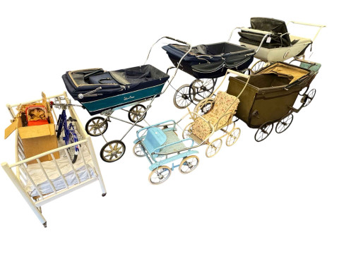 Collection of vintage dolls prams including Silver Cross, cot, dolls cycle,...
