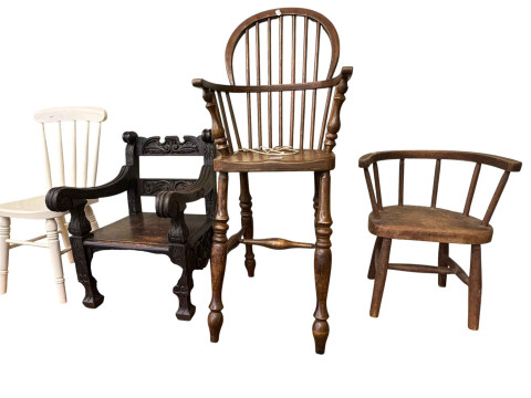 Five various dolls chairs including Windsor high chair and 1930's style...