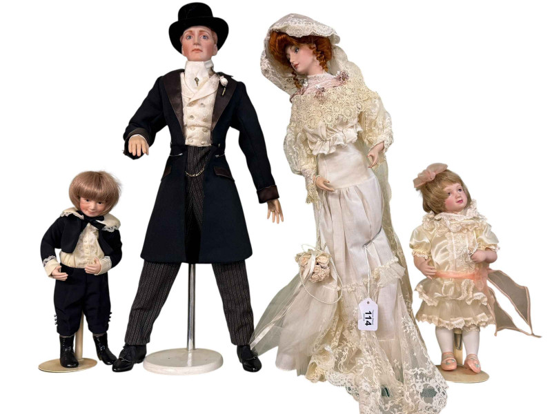 Franklin Mint dolls wedding party comprising bride, groom, maid of honor and page boy.