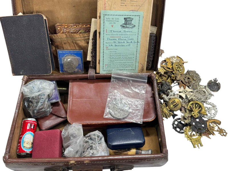 Collection of military badges inc 2nd Warwickshire 24, Paddington Rifles, East Suffolk 12, 2nd King Edwards Horse, Volunteers 82, Royal Bengal Fusiliers 101, coins, Palestine medal '14141382 PTE T. BROWN., R. A. O. C., Death and the Battle of Trafalgar, 'weeping sailor' medal etc.