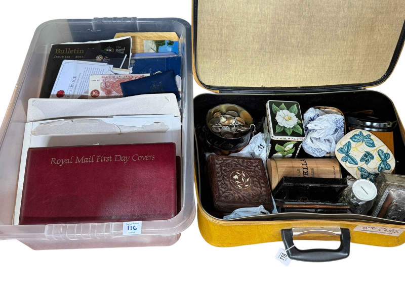 Various £5 and £2 Royal Mint coin packs, Timeless First £20 fine silver coin, face value stamp presentation packs, comm crown coin packs, Benham FDCs, Olympic Games stamps, pre 1947 coinage, military badges, etc.