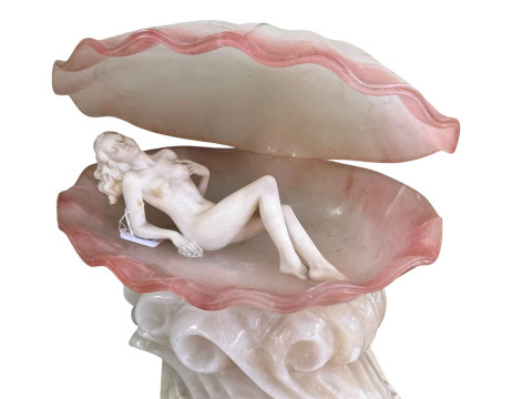 Ornate Italian marble 'Birth of Venus' in oyster shell lamp on a Italian marble pedestal, 153cm high. thumbnail