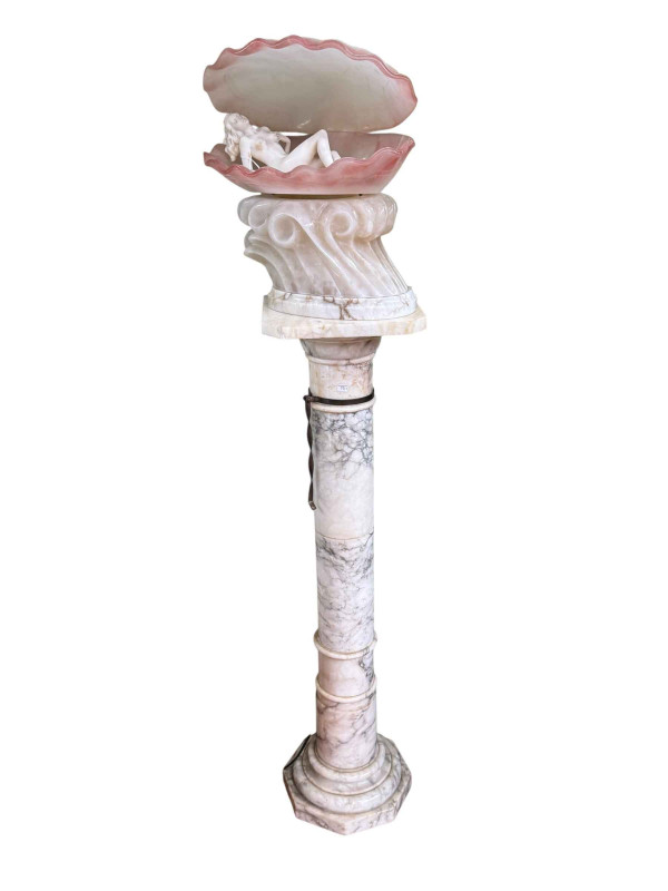 Ornate Italian marble 'Birth of Venus' in oyster shell lamp on a Italian marble pedestal, 153cm high.