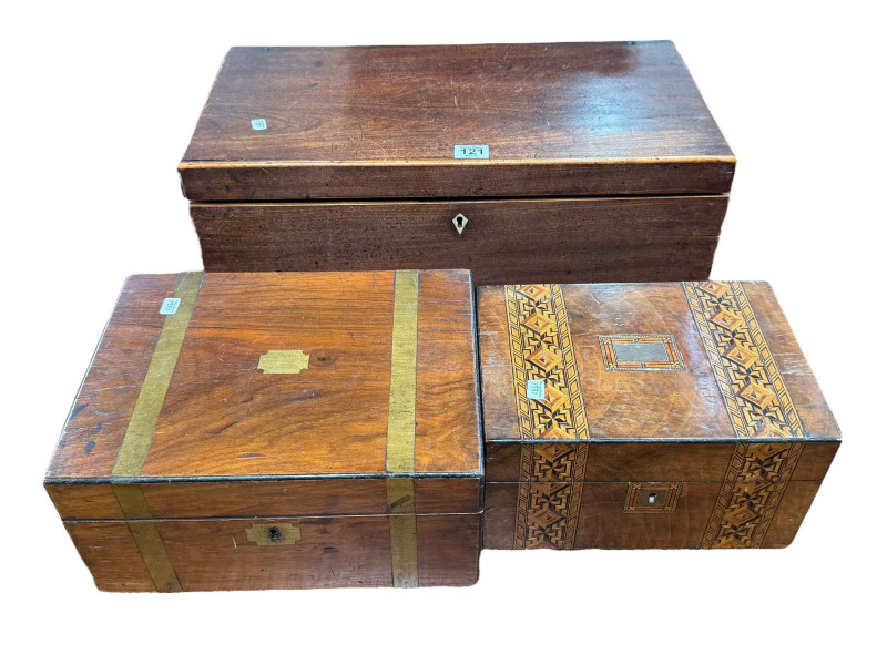 Victorian inlaid sewing box, mahogany and brass inlaid writing box and a Victorian writing slope.