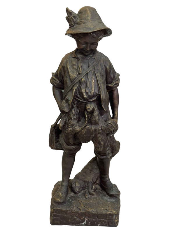Signed bronze of a hunting boy and his catch, 54cm.