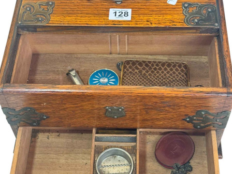 Victorian oak and brass bound smokers box, 16cm high. thumbnail