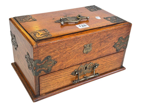 Victorian oak and brass bound smokers box, 16cm high.