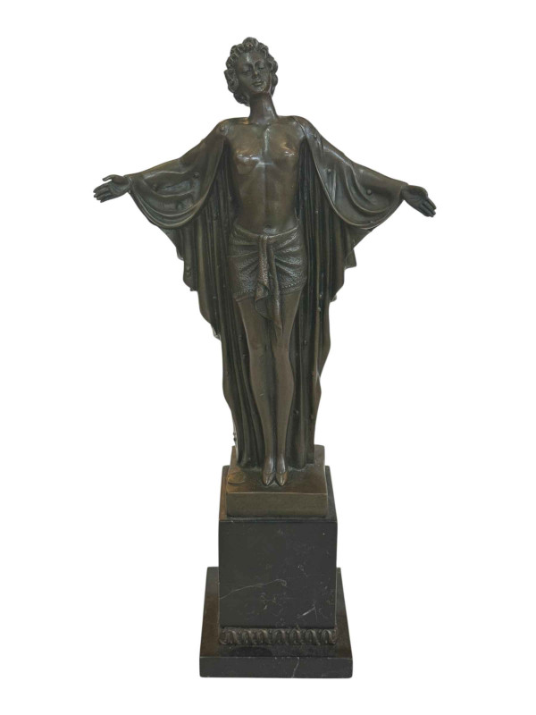 Art Deco style bronze semi nude lady on marble base, 44cm high.