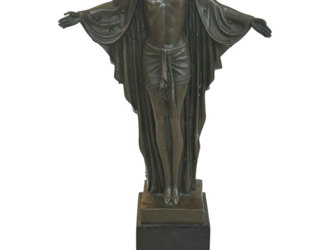 Art Deco style bronze semi nude lady on marble base, 44cm high.