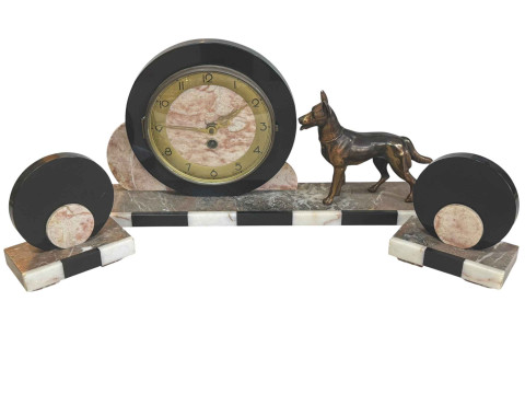 Art Nouveau style Alsatian Dog clock garniture set.