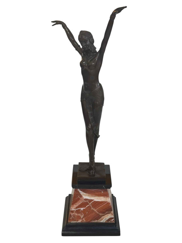 Art Deco style bronze lady in pose on marble plinth, 54cm high.
