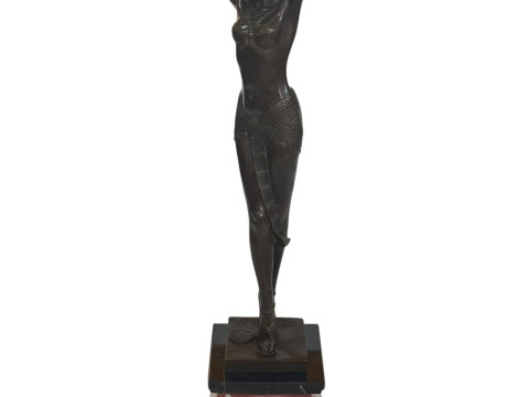 Art Deco style bronze lady in pose on marble plinth, 54cm high.