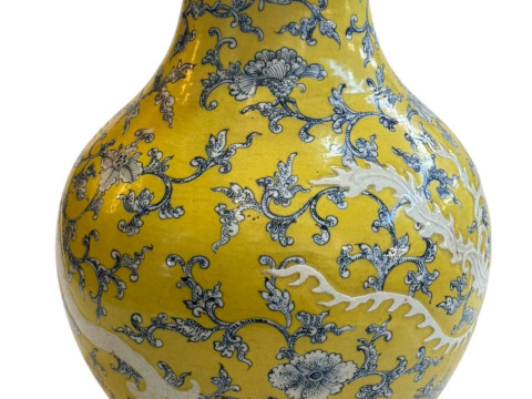 Large antique Chinese famille jaune vase with white dragons, 42cm. thumbnail
