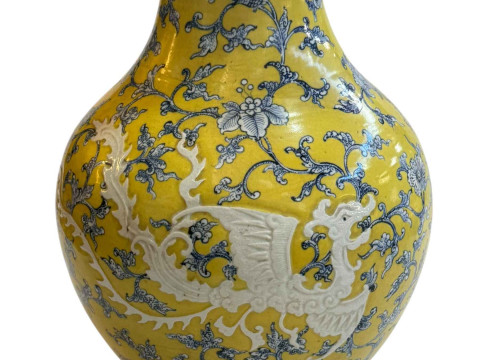 Large antique Chinese famille jaune vase with white dragons, 42cm. thumbnail