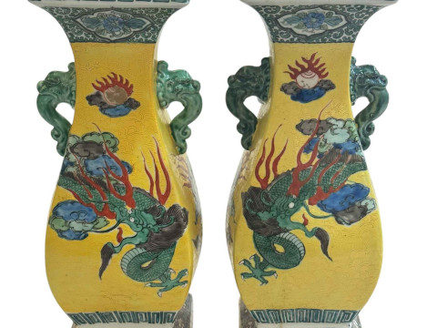 Pair Chinese two handle vases with dragon decoration, 30cm. thumbnail