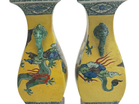 Pair Chinese two handle vases with dragon decoration, 30cm. thumbnail
