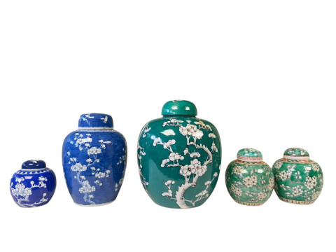 Five Chinese ginger jars including large green glazed and prunus.