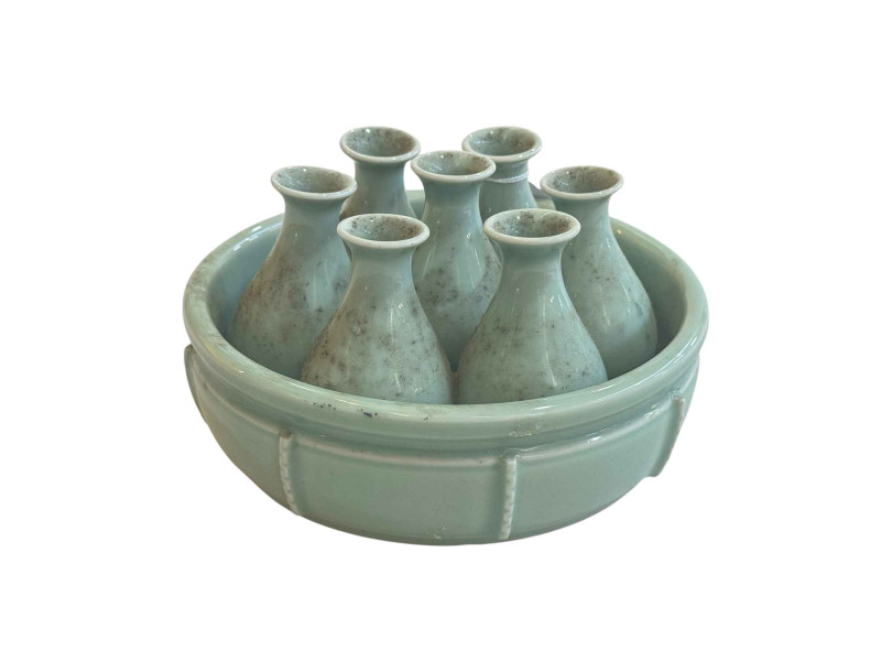Chinese Celadon Tulip vase, designed as seven small vases in bowl, 17cm.