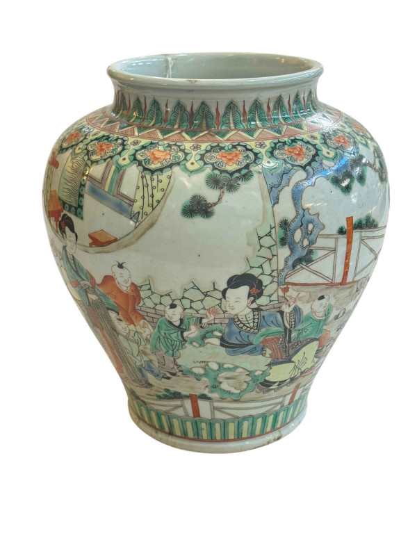 Large antique Chinese famille verte/rose vase with continuous decoration of female and boy figures, 30cm.