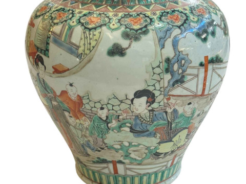 Large antique Chinese famille verte/rose vase with continuous decoration of female and boy figures, 30cm. thumbnail
