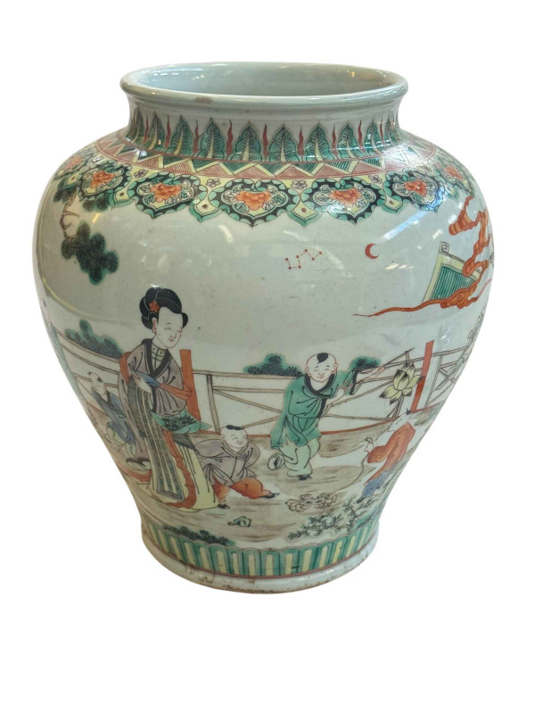 Large antique Chinese famille verte/rose vase with continuous decoration of female and boy figures, 30cm.