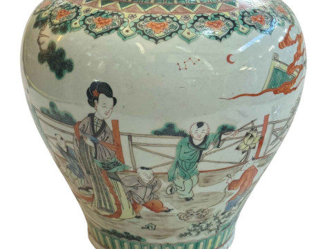 Large antique Chinese famille verte/rose vase with continuous decoration...