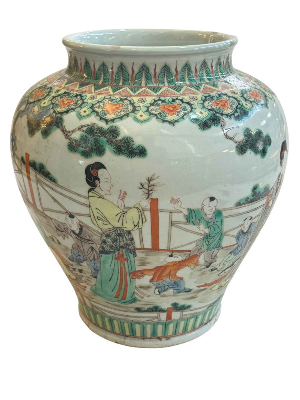 Large antique Chinese famille verte/rose vase with continuous decoration of female and boy figures, 30cm.